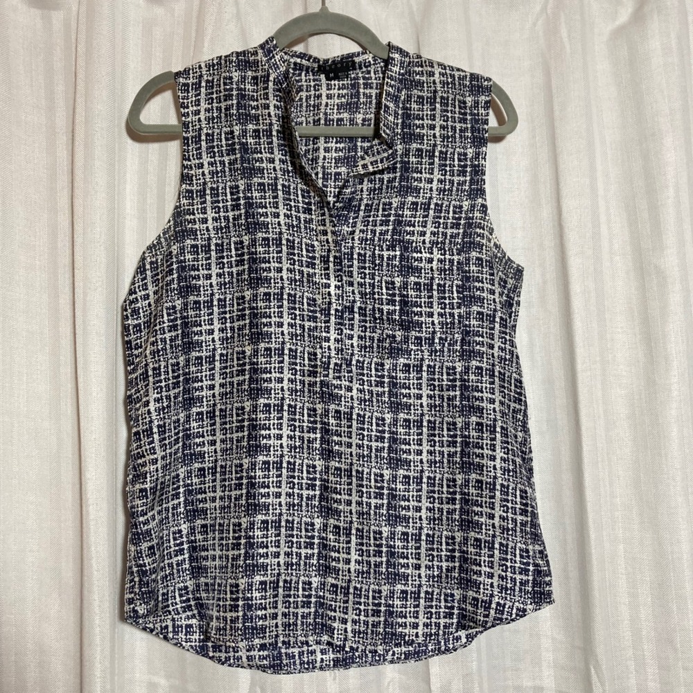 Theory Womens Silk Sleeveless Blouse Navy White Grid Print Top M Office Career